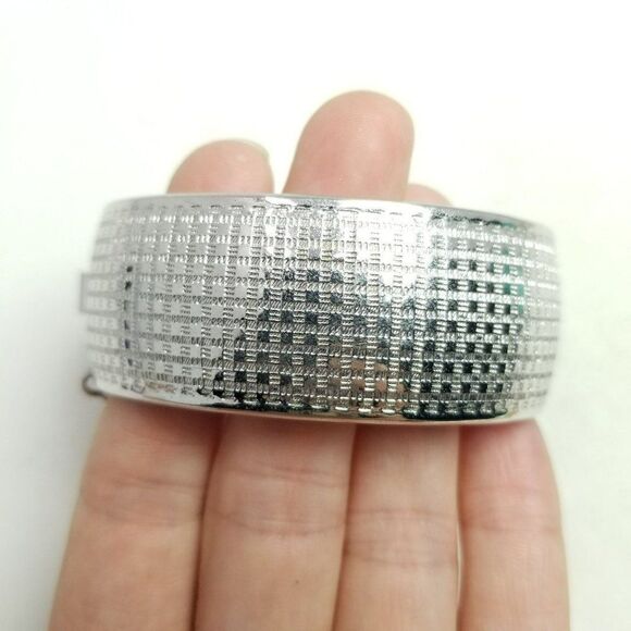Vintage Wide Silver Tone Bangle Bracelet with Micro Square Design, Retro Hinged - Picture 6 of 7